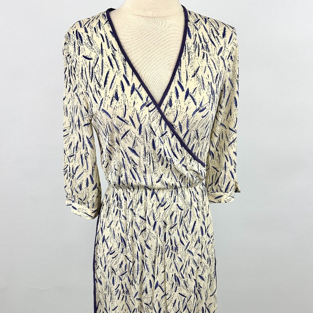 Vintage 1980s Wrap Dress | Pull Over | White | Blue | Feather | Elastic Waist